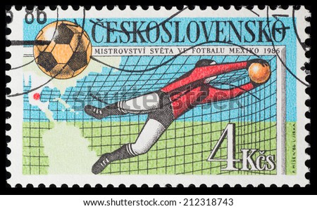 CZECHOSLOVAKIA - CIRCA 1986: a stamp printed by CZECHOSLOVAKIA shows football players and Soccer Pique. 1986 FIFA World Cup football in Mexico, series, circa 1986