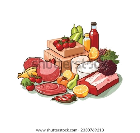 Vibrant vector illustration showcasing a beautifully arranged assortment of grocery items on a clean white background