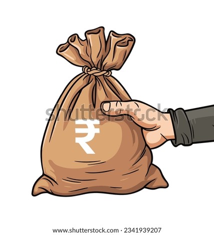 Money bag in hand. Hand holding rupee bag isolated on white background.