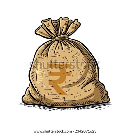 Rupee. Jute rupee bag, currency bag isolated on white background