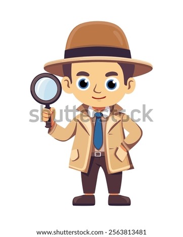 A sharp detective character holding a magnifying glass, dressed in a beige trench coat and tie, showcasing curiosity and intelligence in a playful cartoon style