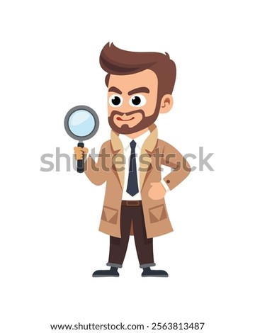 A sharp detective character holding a magnifying glass, dressed in a beige trench coat and tie, showcasing curiosity and intelligence in a playful cartoon style