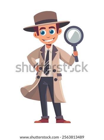 A sharp detective character holding a magnifying glass, dressed in a beige trench coat and tie, showcasing curiosity and intelligence in a playful cartoon style