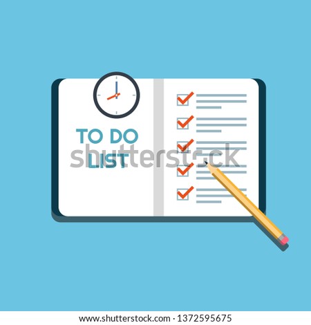 Planning schedule concept. Todo list, checklist, tasklist, diary, notebook, clock, pencil. Flat, simple icon.