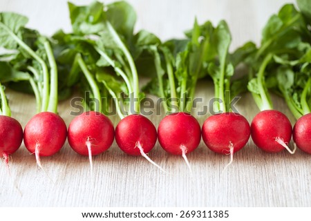 Clean eating raw radishes on white wooden background. Super food nutrition