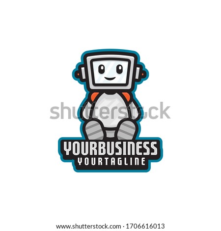 Retro minimalist eSport Sitting and smiling mascot robot logo design template