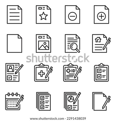 set of document line icons. notepad icons set. note, form, clipboard, sheet, write, contract, list, survey, schedule, certificate, planner