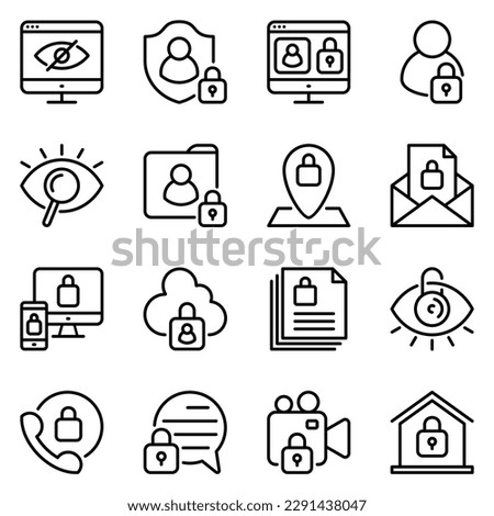 privacy line icons set. website, protect, user, secure, security, database, identity, policy, hacker, software, rule, guidance, server, important, personal, safe, search, tech, interface, shield