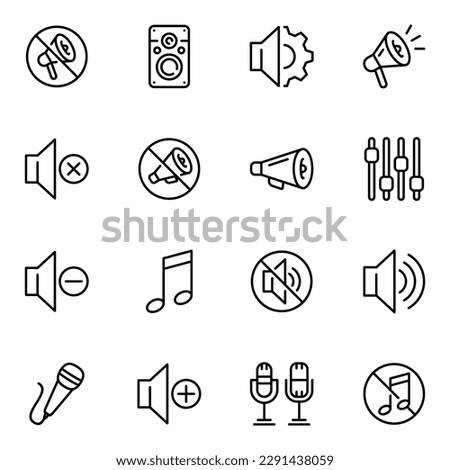 sound icons set. set of 16 sound line icons. microphone, sound, volume, icon set, speaker, singing, multimedia, voice, noise and song