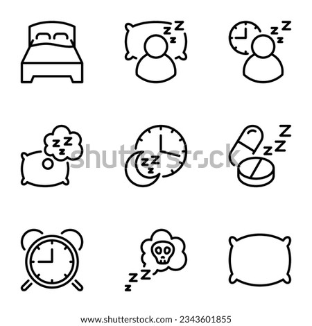 sleep Related Vector line icons set. pillow, asleep, dreaming, moon, bedroom, comfortable, dream, rest, sleep, tablet, comfort, outline, bed, relaxation, sleeping, relax, graphic, human, insomnia