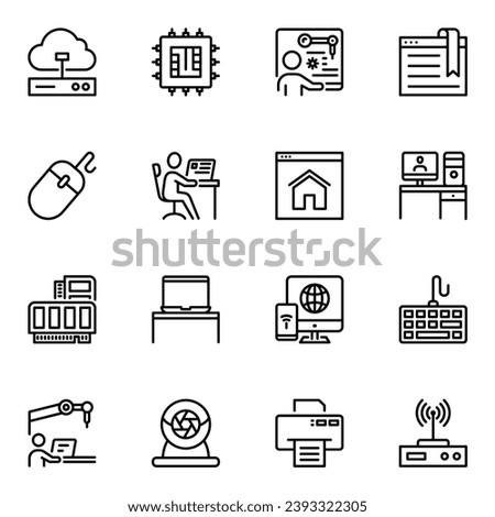 computer related vector line icons set. browser, desktop, keyboard, pc, storage, stroke, lined, connect, website, network, online, outline, electronic, screen, control, laptop