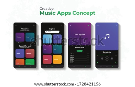 Music player interface by subscription. Profile, Album, Song, Playlist, Explore concept. Black apple or android music screen. Vector illustration eps 10.