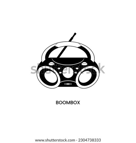 Black white icon CD Boombox Portable, with Bluetooth, USB, MP3 Player, AM FM Radio, AUX, Headset Jack, and LED Backlit features. Black and white fill flat icon in trendy style vector illustration.