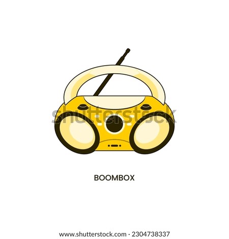 CD Boombox Portable in yellow, with Bluetooth, USB, MP3 Player, AM FM Radio, AUX, Headset Jack, and LED Backlit features. Simple color fill flat icon in trendy style vector illustration.