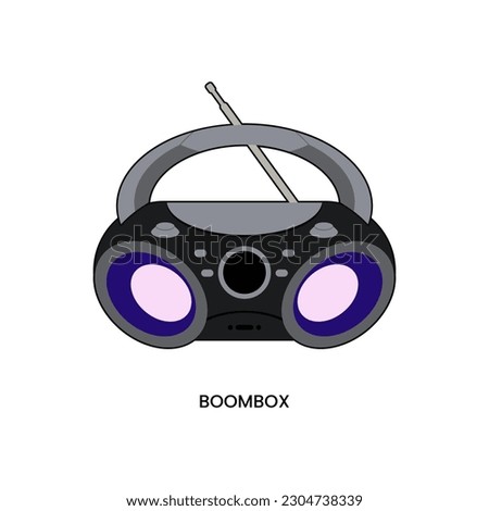 CD Boombox Portable in phantom black color, with Bluetooth, USB, MP3 Player, AM FM Radio, AUX, Headset Jack, and LED Backlit features. Simple color fill flat icon in trendy style vector illustration.