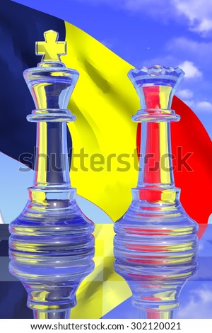 Clear King and Queen Chess Pieces with the Romanian Flag and a Blue Sky Background