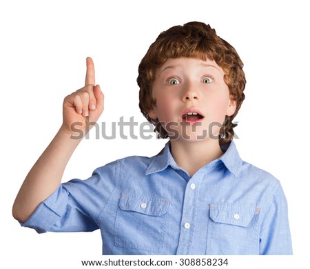 Portrait of handsome caucasian boy with inspired facial expression who just has got an idea. Isolated on white background