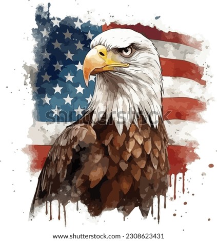 American flag painted bald eagle watercolor illustration.