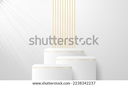 Multi-layered white podium with elegant gold lines on the back for product presentation. Cosmetic product display. vector illustration	