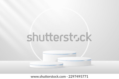Multi-tiered white podium with elegant blue lines along with a glowing white circular line on the back for product presentation. Display of cosmetic products. Stage or podium. vector illustration	