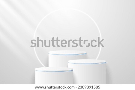 Multi-tiered white podium with elegant blue lines along with a glowing white circular line on the back for product presentation. Display of cosmetic products. Stage or podium. vector illustration	