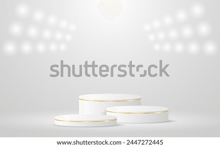 Multi-layered white podium with gold lines and spotlights shining down for product presentation. Display of cosmetic products. Stage or podium. vector illustration