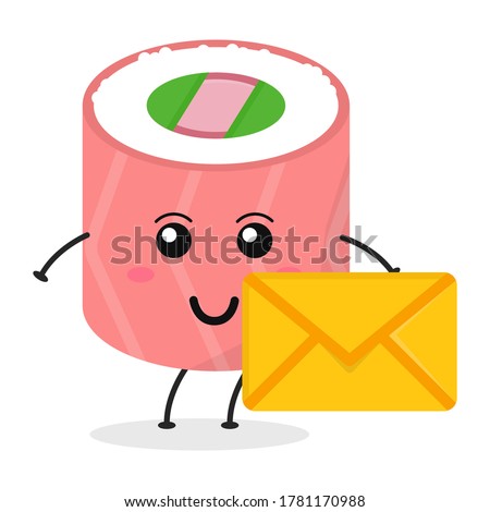 Cute flat cartoon sushi holding an envelope illustration. Vector illustration of cute sushi with a smiling expression.