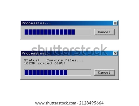 Retro OS user interface. Set of progress bars, dialog screen with cancel button. Vintage computer software. Vector illustration