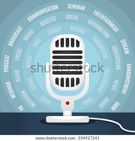 White microphone over blue background. Concept of webinars, audio podcasting, radio shows and other. Sound recording. Audio blogging.