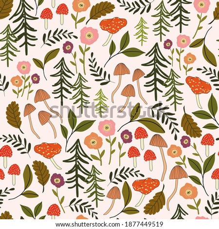 seamless vector repeat patter, woodland scenery with trees, flowers and mushrooms on an off white background