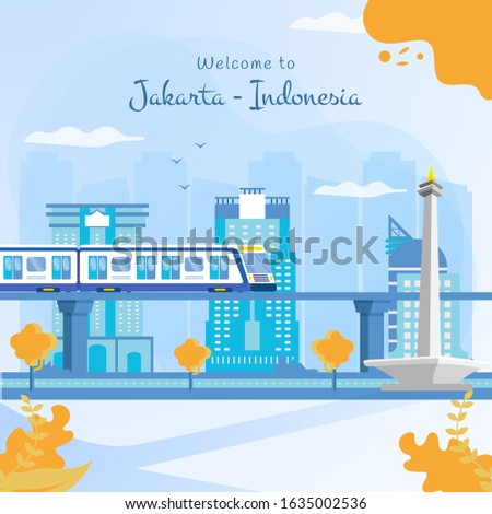 Flat illustration of Jakarta city with a view of MRT or mass rapid transportation and the city landscape