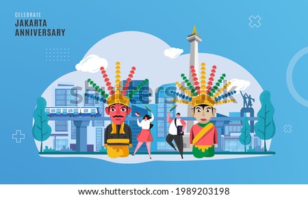 Celebrate Jakarta anniversary illustration with ondel-ondel mascot