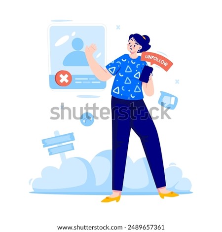 A woman with a disappointed face, Dislike and unfollow account on social media, Vector illustration