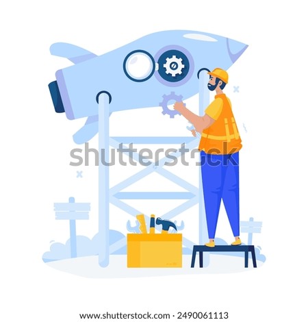 Flat design of a technician upgrading a rocket engine, System upgrade, under maintenance, Vector illustration