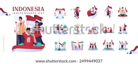 Illustration set of Indonesia Independence Day, Cartoon set of national day celebration, traditional games, Patriotic scenes and the spirit of independence, Vector illustration