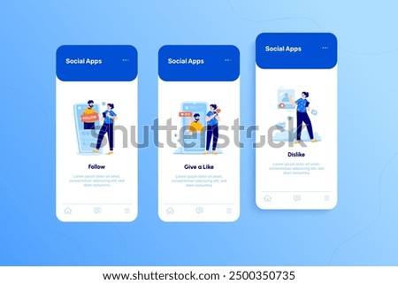 Illustration scenes of reaction people on social media on onboarding screen pages. Follow account, give a like sign and dislike or unfollow account reaction