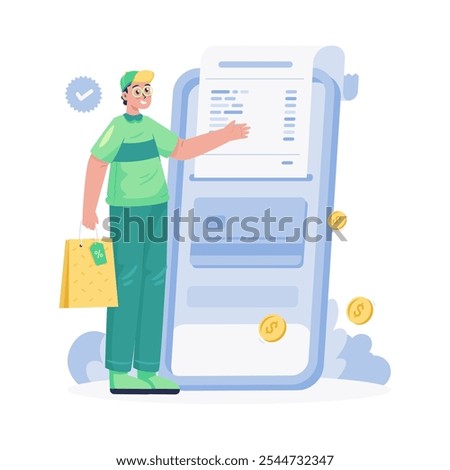 A man prints a digital payment transaction bill, Cashless bank card payment application, Vector illustration