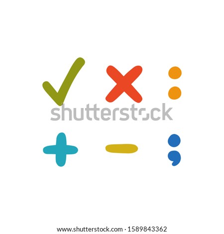 Colored characters symbols: check mark, multiplication sign, colon, plus, minus, semicolon.