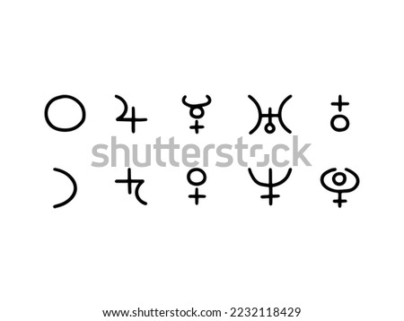 Planet symbols: Sun, Moon, Mercury, Venus, Mars, Jupiter, Saturn, Uranus, Neptune, Pluto. Black Planet signs isolated on white background. 
