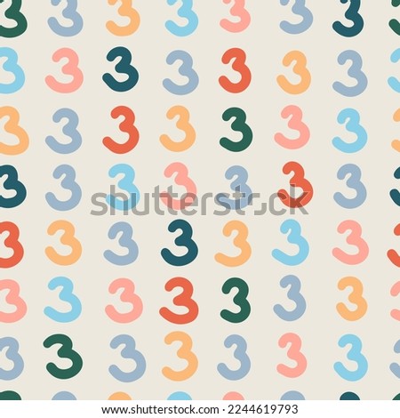 Seamless colorful numbers three pattern. Abstract background with hand drawn doodle shapes.