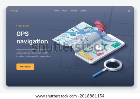Isometric phone with map, location pin and magnifier. Landing page template. 