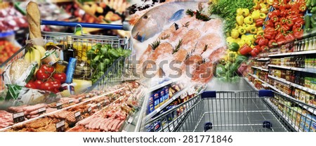 Wide product range with vegetables, meat and fish in the supermarket