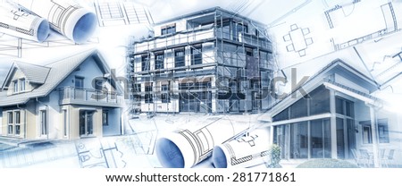 New buildings with a shell and blueprints as a symbol for the construction industry or the real estate industry.