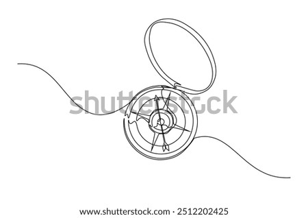 Magnetic compass continuous one line drawing. Land, sea, navigation, geography compass single line art illustration. Editable vector.