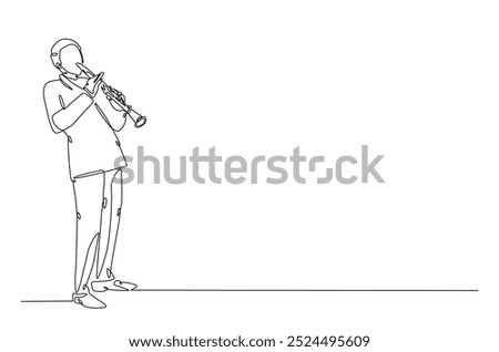 Clarinet player in continuous one line drawing. Single line art illustration of man holding clarinet music instrument. Editable vector.