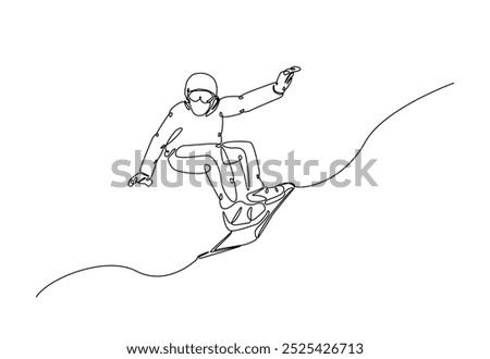 Snowboarder ride speed at mountain in continuous one line drawing. Single line art illustration of extreme sport snowboard. Editable vector.