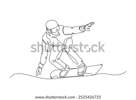 Snowboarder ride speed at mountain in continuous one line drawing. Single line art illustration of extreme sport snowboard. Editable vector.