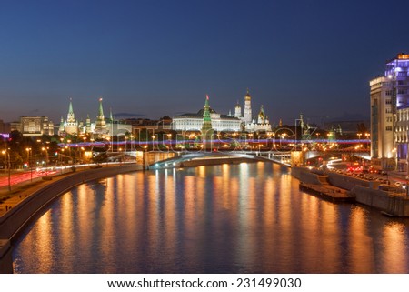 Moscow, Russia. Night view of the Kremlin and the Great Stone Bridge with the Patriarchal bridge late summer evening