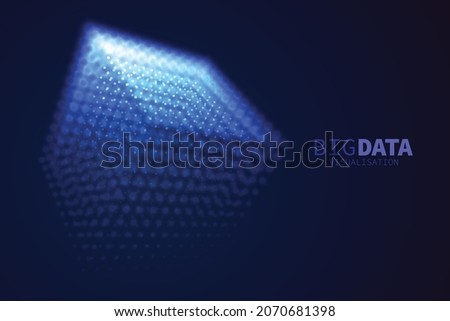 Big Data Cube Quantum Computer Server Concept Background. Light Dots with Depth of Field Effect. Data Sorting. Artificial Intelligence HUD Design Element.