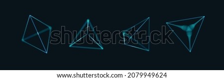 Set of Blue Technology 3D Triangular Pyramid Objects. Geometric Glowing Tetrahedrons. Platonic Shapes with Depth of Field Effect. Futuristic HUD Design Element. Vector Background.